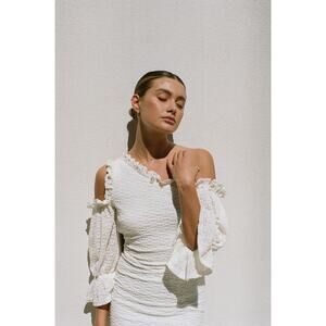 SABO Nola One Shoulder Mini‎ Dress XS Beige Textured Euro Summer Bridal Chic